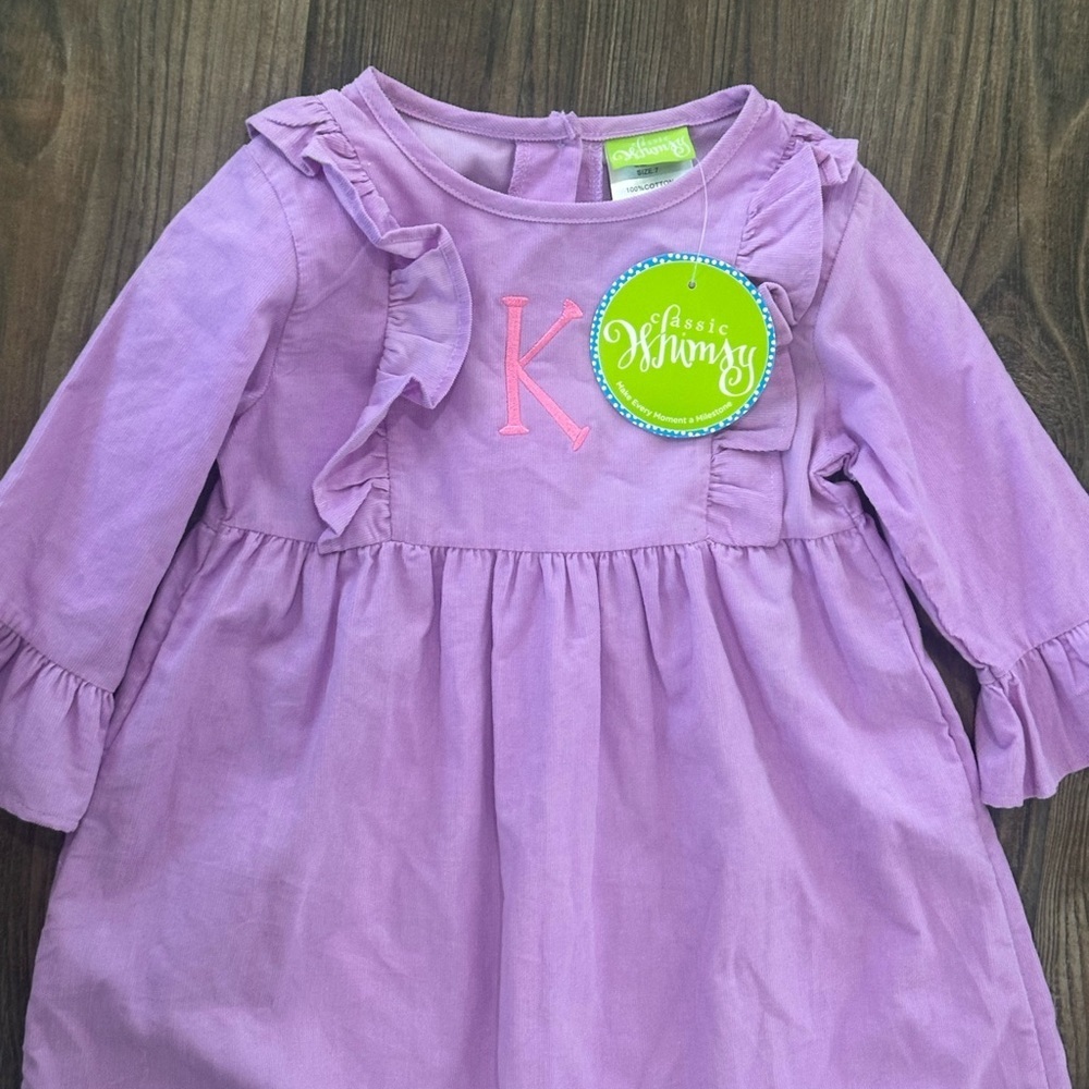 Girls Lilac Purple Smocked Ruffle-Trim Long Sleeve Dress K Monogram Embroidered - Picture 4 of 10